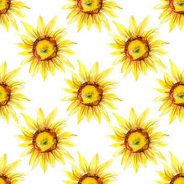 Watercolor seamless pattern with sunflowers