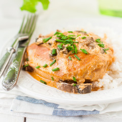 Chicken Breast Sauteed in Creamy Mushroom Sauce over Rice