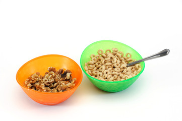 walnut and cereal in colorful bowl
