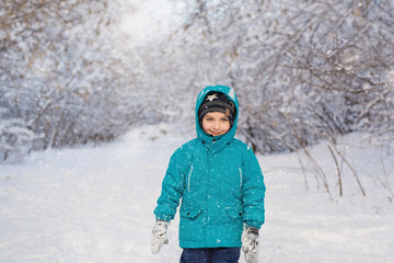 Fototapeta na wymiar Portrait of a cute little boy stands in winter park