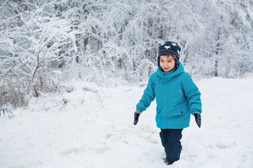 Fototapeta na wymiar A cute little boy walks in a snow in the winter park