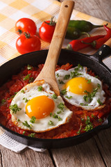 Traditional Mexican breakfast fried egg with salsa closeup. vertical
