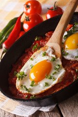 huevos rancheros: fried egg with salsa closeup in the pan. vertical
