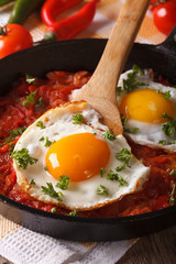 Mexican breakfast: fried egg with salsa on a pan macro. vertical

