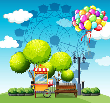 Park With Popcorn Vendor And Balloons