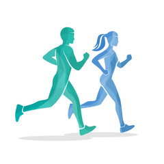 Fototapeta na wymiar Running man and woman silhouettes
