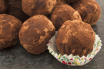 Chocolate balls truffle with rum and raisins