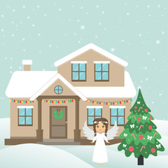 Obraz na płótnie Canvas christmas house and fir-tree and christmas angel