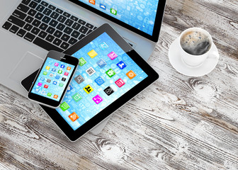 Laptop, phone, tablet pc and coffee.