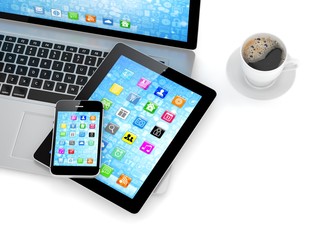 Laptop, phone, tablet pc and coffee.