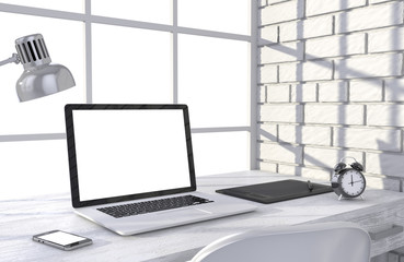 3D illustration laptop and work stuff on table near brick wall, Workspace