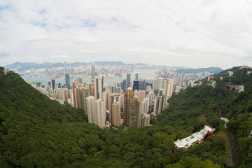 Hong Kong, view of the city and the bay from Victoria Peak on cloudy day