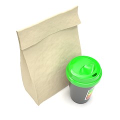 Coffee to go and lunch bag, on white.