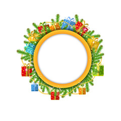 christmas wreath with fir present boxes and bead isolated on white