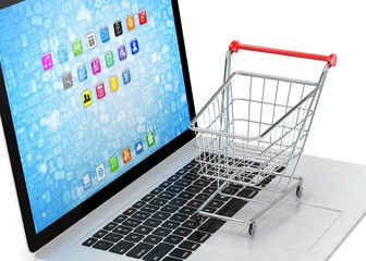 Shopping cart on laptop. 