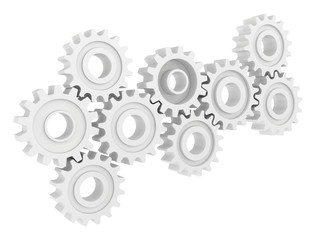 Cog wheel gear mechanism close-up. White background