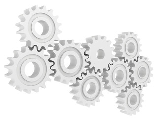 Cog wheel gear mechanism close-up. White background