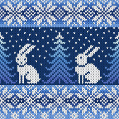 seamless knitted pattern with snowflakes and rabbits - 97092975