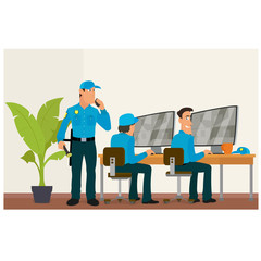 security room in which working professionals. surveillance cameras. Vector illustration in a flat style.