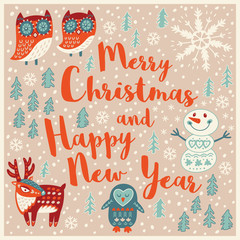 Greeting Holiday card with owls, snowman, deer and penguin