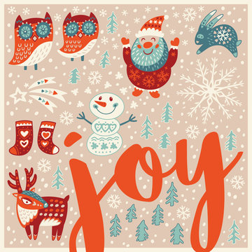 Greeting Holiday card with santa, owls, deer and snowman