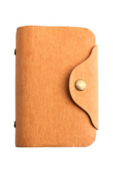 enclosed business card holder, back cover made of natural material, lies on a white isolated background