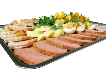 Catering food tray on white background