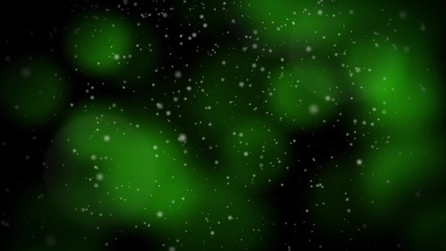 Seamless loop with falling snow and soft-focused panning emerald green Christmas lights.