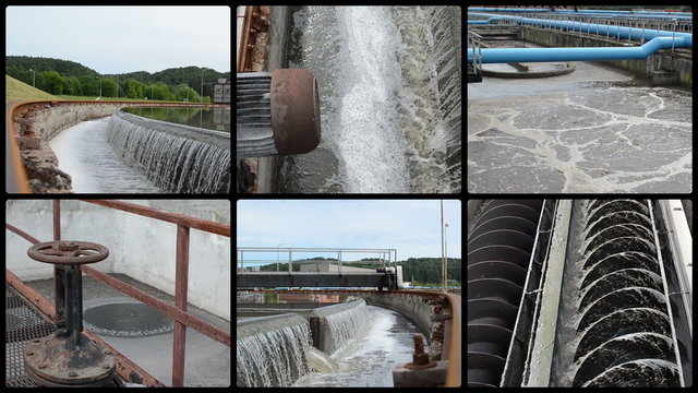 Waterworks. Sewage waste water treatment plant. Water sedimentation and filtration. Montage of video clips collage. Split screen. Black round corner frame. Full HD 1080p.
