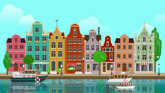 Flat Cartoon Multicolored Colorful Historic Buildings City Town Suburb Amsterdam Holland Looped Animated Background. River Sea Canal Channel Boat Embankment Street. 