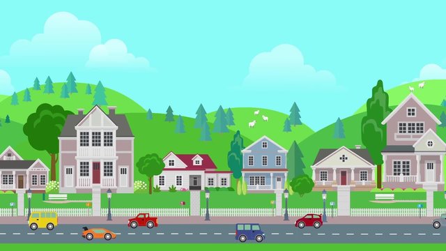 Flat cartoon panoramic city town suburb day with mountains on background looped animated. Road transport street traffic before line of low-rise buildings townhouse mansion house.