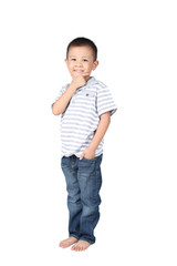 Happy little boy standing , isolated on white background