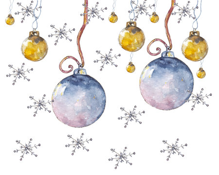 snowflake and ball/ watercolor painting made by hand