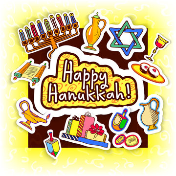 Happy Hanukkah Chanukah traditional Jewish holiday doodle symbols sticker set ink draw vector illustration. Greeting card with Sticky label style stickers. DIY elements