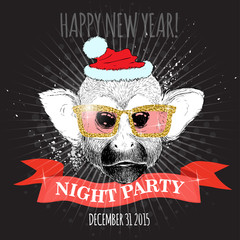 Happy new year night party poster. Squirrel monkey Hipster with glitter glasses and Christmas hat. Hand drawn sketch vector illustration for posters, invitations and party flyers.