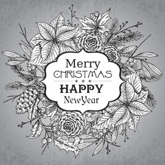 Merry Christmasr greeting card with winter plant wreath