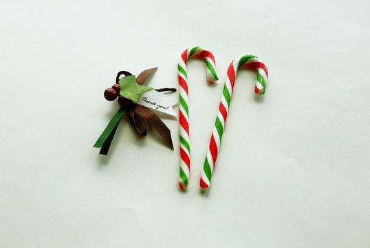 Christmas Red And Green Candy Cane With Thank You Note