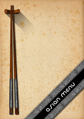 Asian Menu with Wooden Chopsticks / Template for an Asian menu with wooden and silver chopsticks on an yellowed old paper with diagonal silver bands