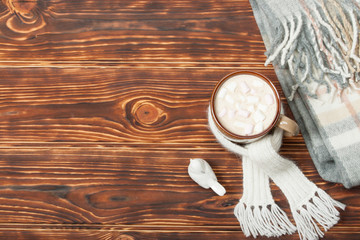 Mug Of Hot Chocolate Or Coffee With Marshmallows. Natural Wool S