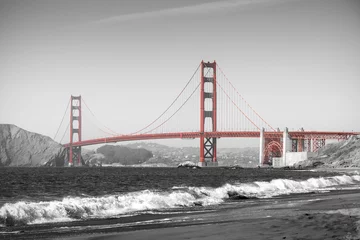 Fotobehang Red Golden Gate Bridge in San Francisco, black and white filter © MaciejBledowski