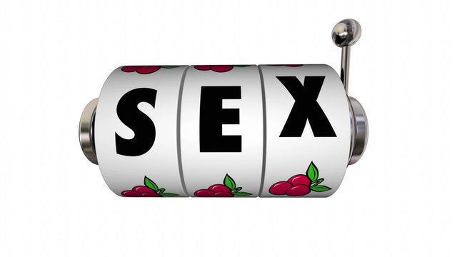 Sex word on slot machine wheels or dials to illustrate physical romance and passion