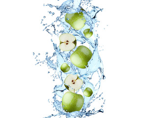Fresh fruits, apple falling in water splash, isolated on white background