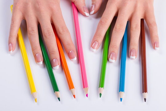 Beautiful french manicure with pencils.