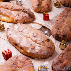 Dresdner stollen is a traditional German cake with raisins.Christmas treat.selective focus