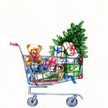 Christmas shopping and gifts. Watercolor illustration