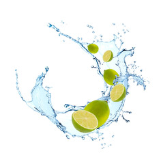 Fresh fruits, lime falling in water splash, isolated on white background