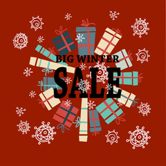 Winter sale background with black letters,gifts and snowflakes.  Vector illustration