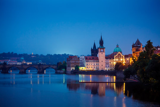Evening over river Vltava near Charles bridge in Prague, Czech