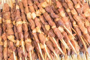 mutton shashlik barbecue stall in a stainless steel plate