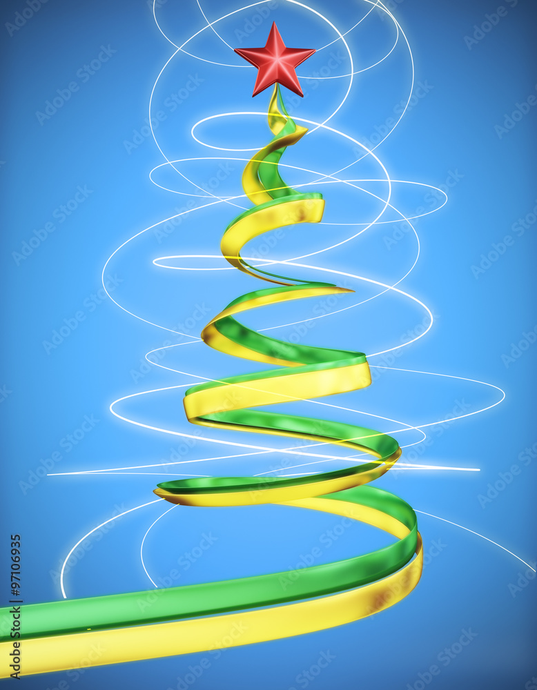 Poster concept glowing christmas tree with red star at red background
